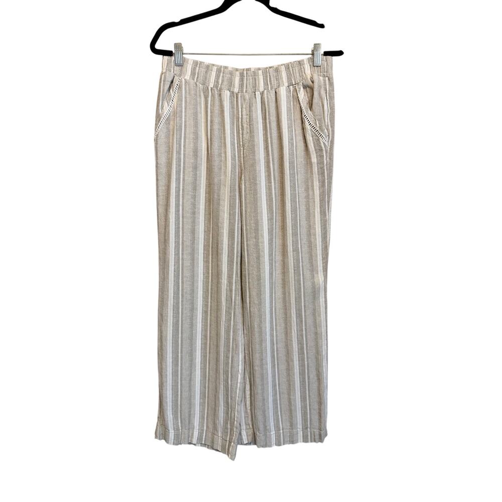 Briggs Linen Wide Leg Pants Gray White Stripe Pull On Vacation Summer Boho Comfy